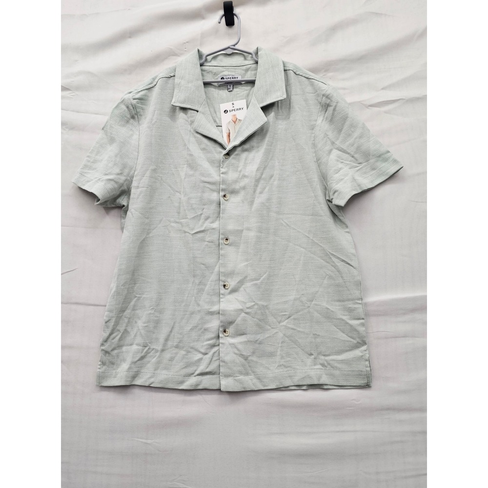 Sperry Mens Camp Collar Textured Shirt Green Cotton Blend Casual Size Small